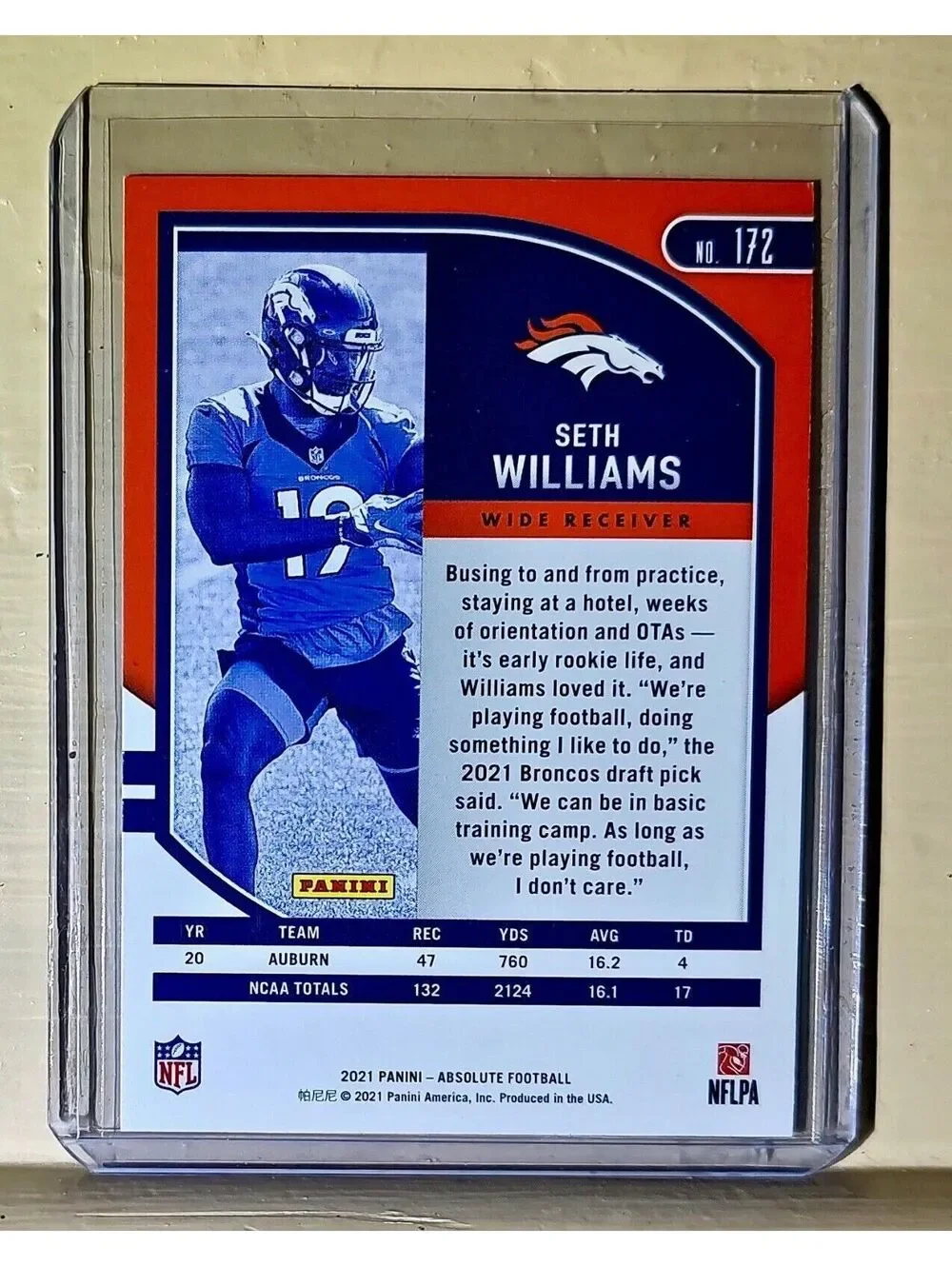 Seth Williams 2021 Panini NFL Absolute Football #172 Rookie Card Broncos